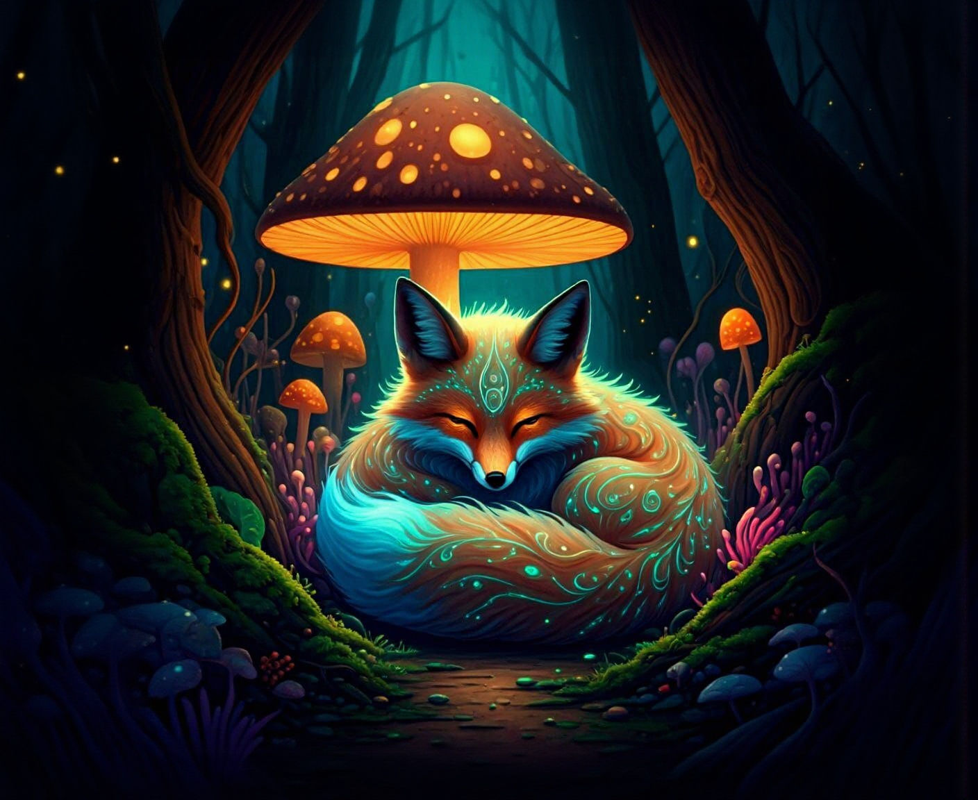 Bioluminescent Fox on Giant Mushroom in Fantastical Forest