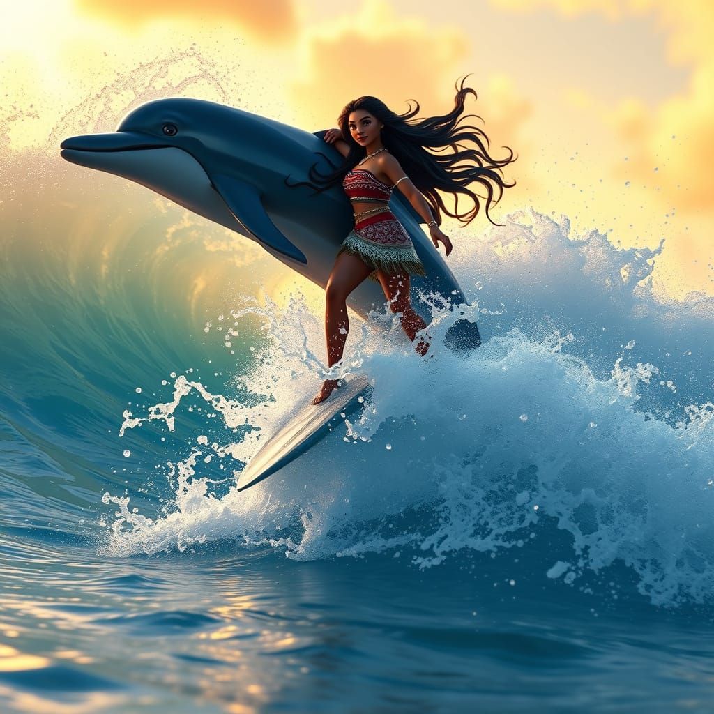 Moana Riding a Wave in Vibrant, Ethereal Surf Scene