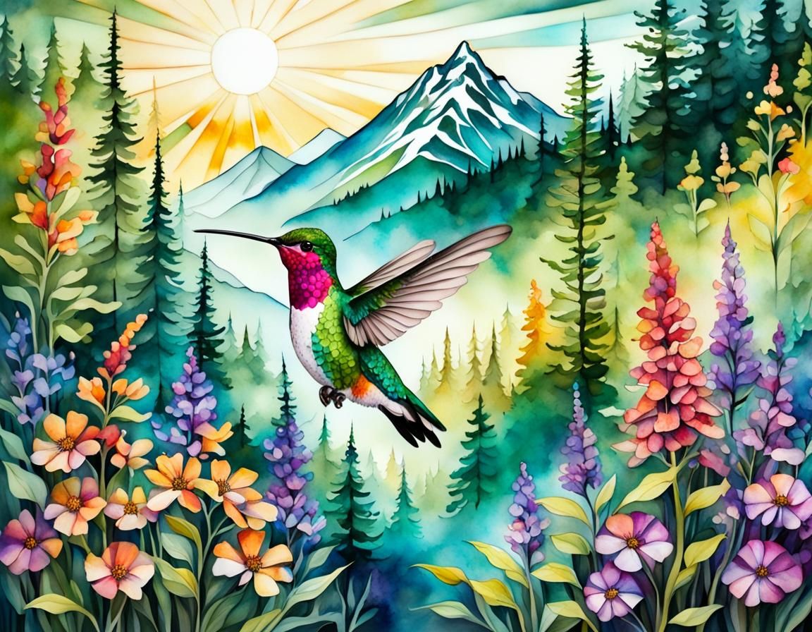 Hummingbird in Mountain Forest with Wildflowers
