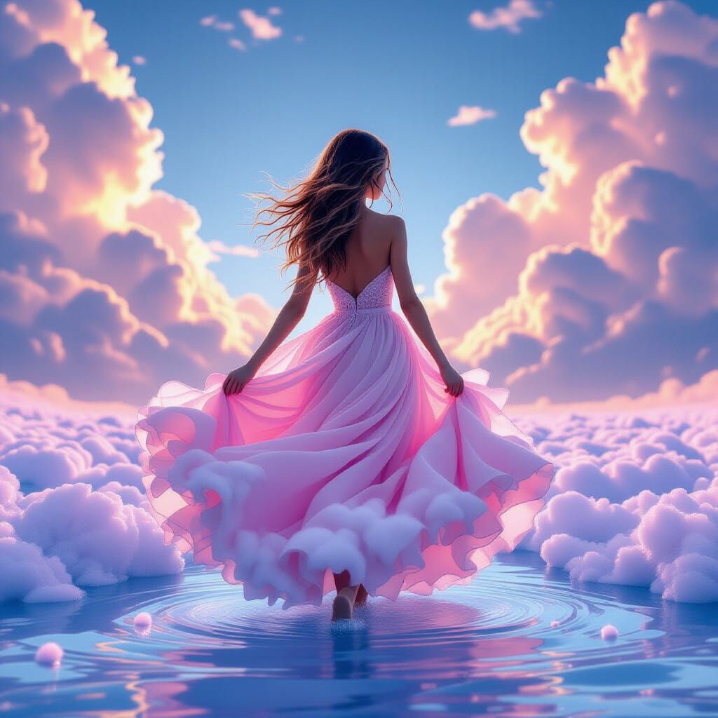 Girl in Lenticular Cloud Dress with Cotton Candy Hem