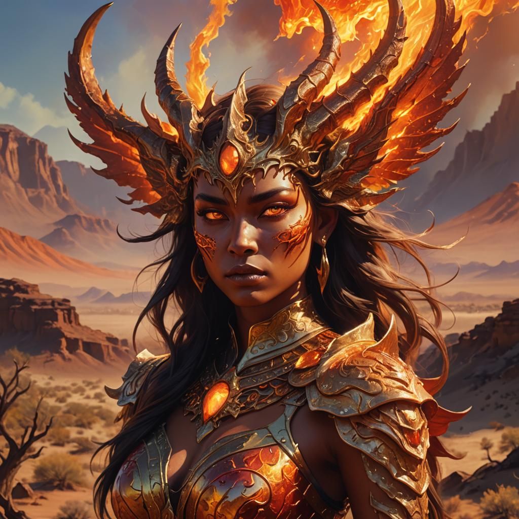 Fiery Sun Demon in Blazing Desert Landscape