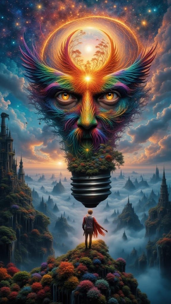 Fractal Man Dressed as Moth in Dreamlike Landscape