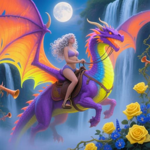 Woman Rides Neon Dragon in Ethereal Fantasy Landscape