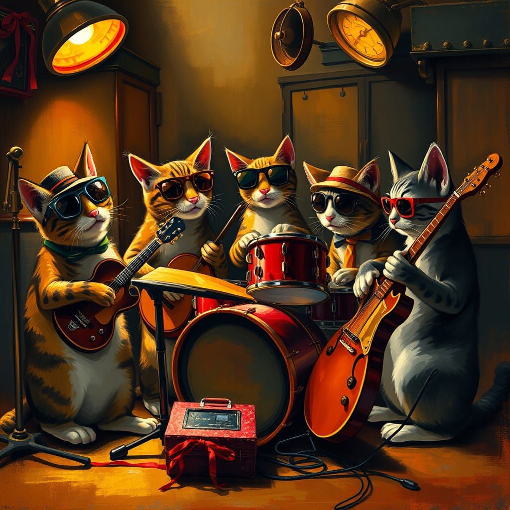 Whimsical Felines Jam in Vintage Jazz Club