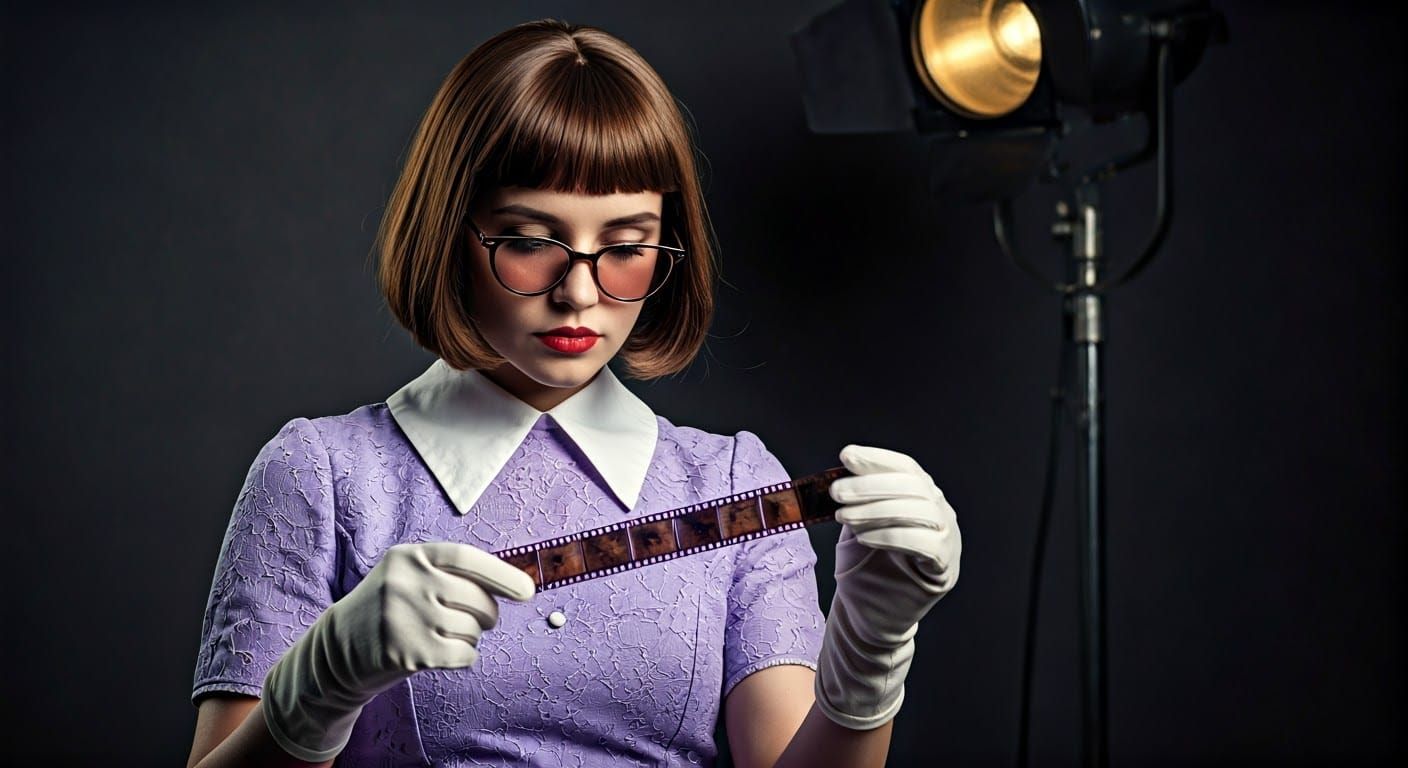 Retro Woman Examines Film Strip in Classic Style