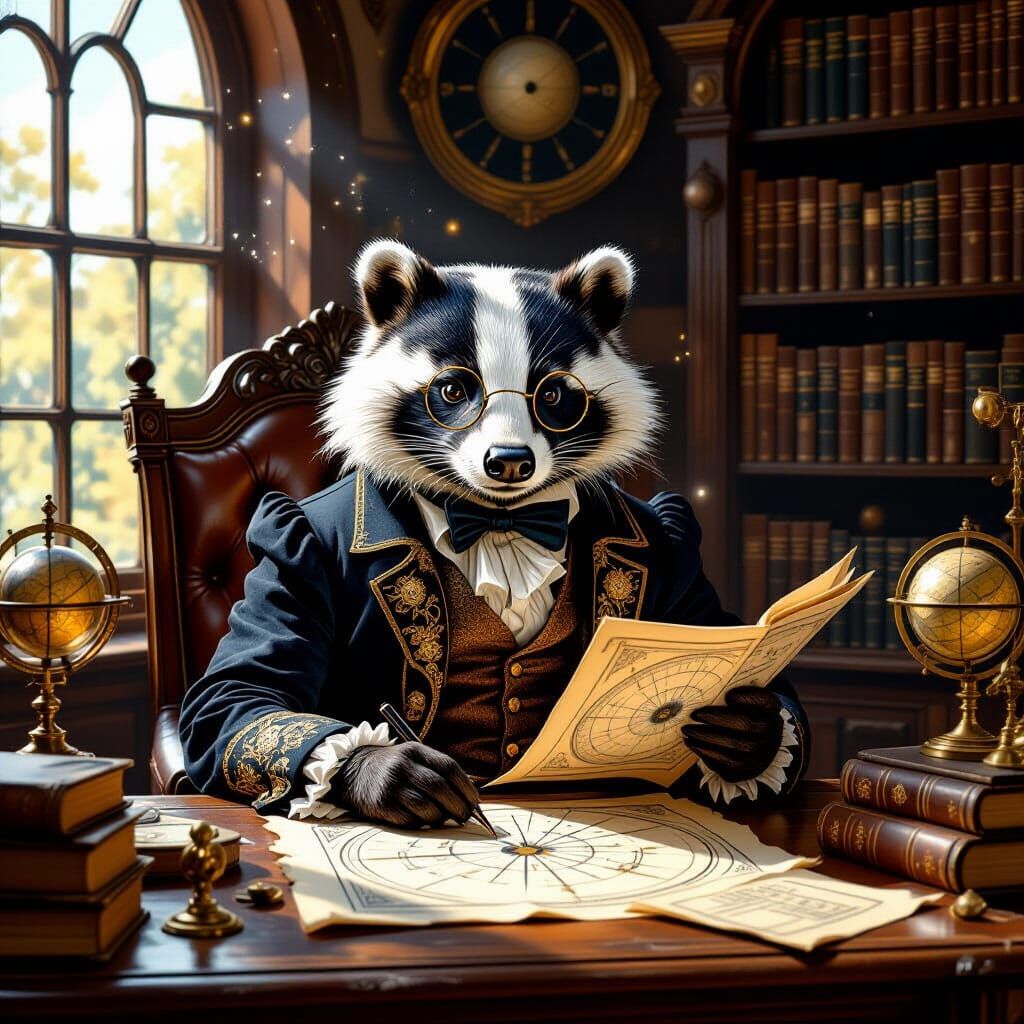 Badger Scholar Crafting Celestial Map in Ornate Study