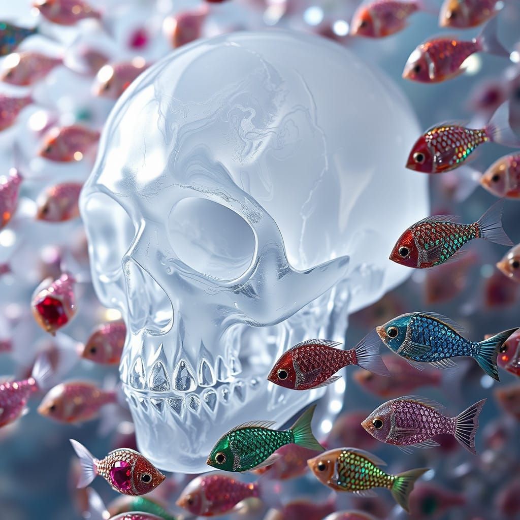 Crystal Skull Enchanted by Shimmering Gemstone Fish