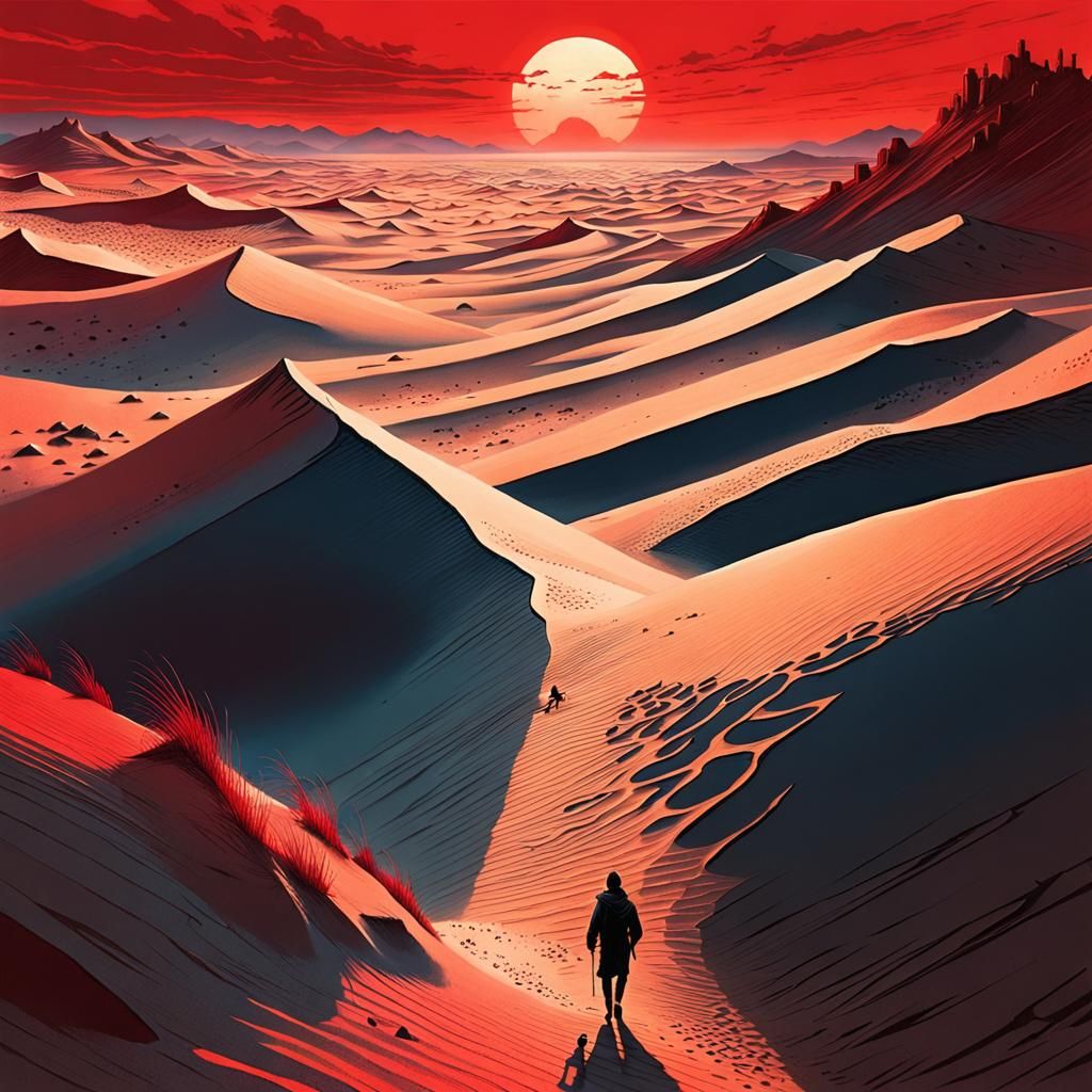 Dystopian Sunset: Lone Figure in Desert Dunes