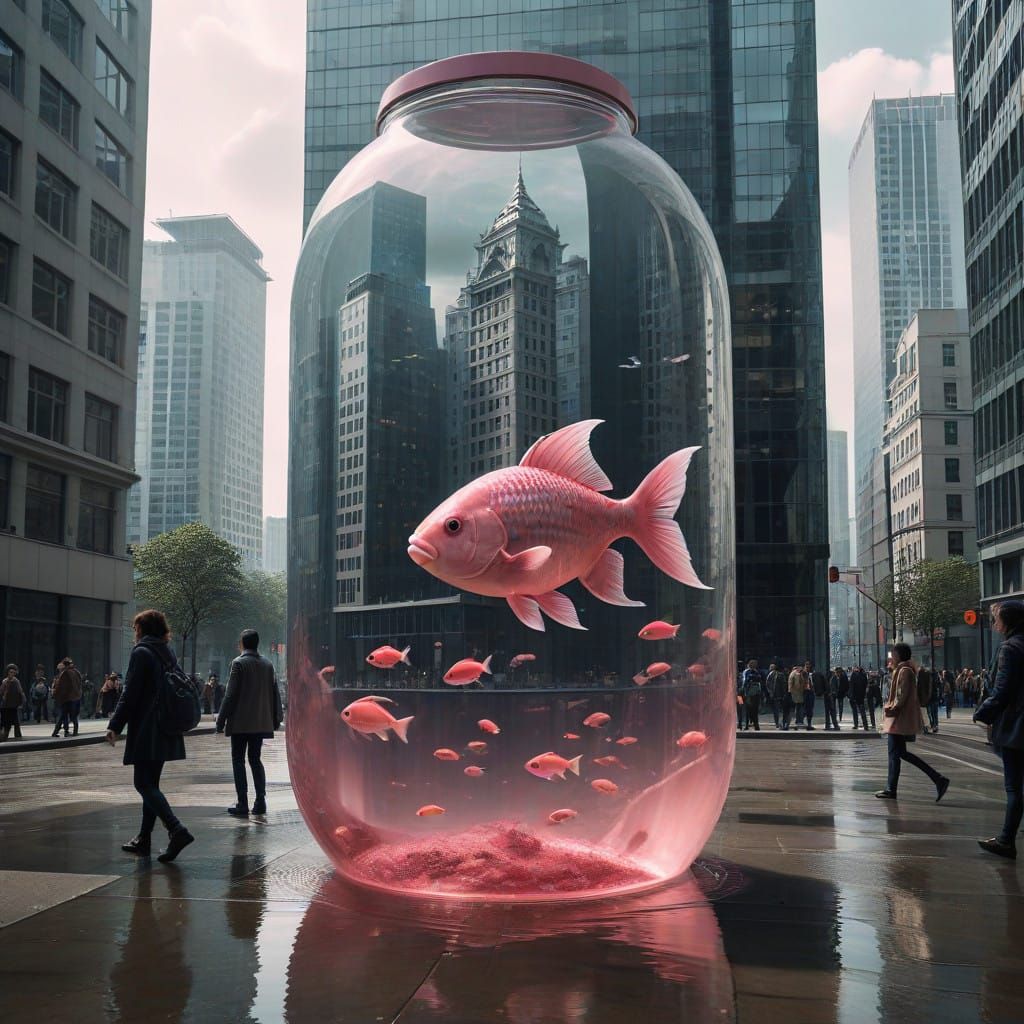 Surreal Cityscape with Giant Pink Fish in Glass Jar