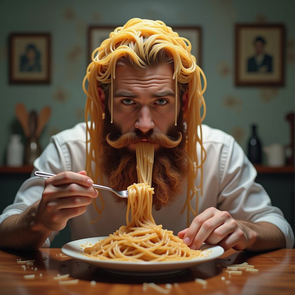 Surreal Man With Spaghetti Beard Eating Noodles