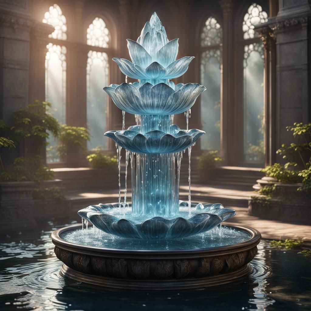 Majestic Glass Lotus Fountain in Detailed Matte Painting