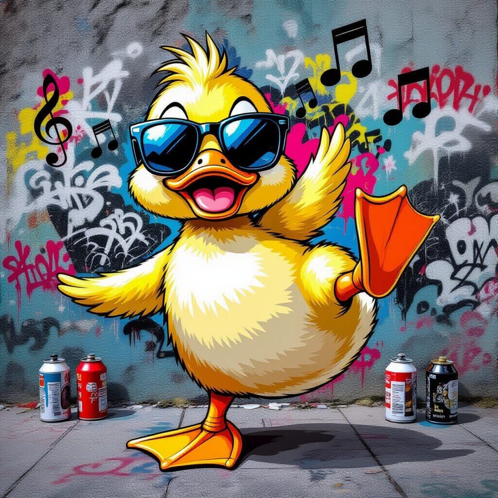Funky Duckling Dances in Urban Mural, Pop Art Style
