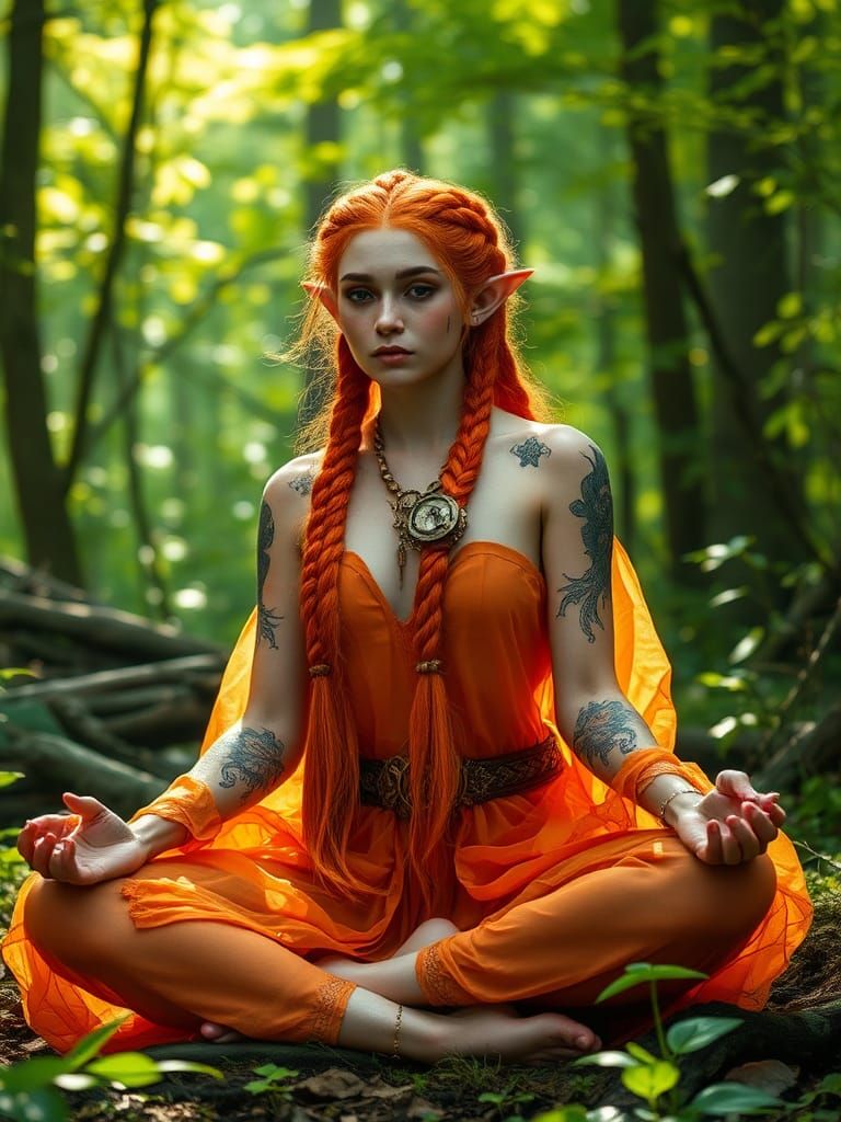 Enchanted Forest Scene with Orange-Haired Wood Elf