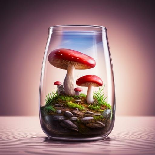 Mushroom Houses in Glass: Hyperrealistic Splash Art