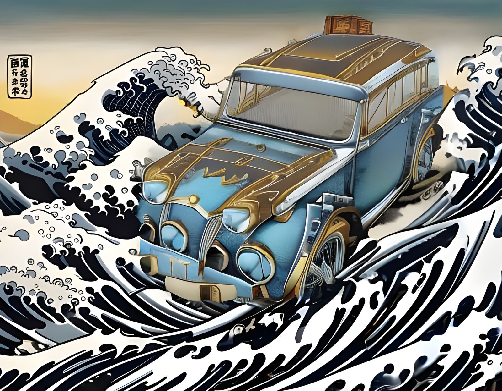 Steampunk Subaru Rides the Great Wave: Ukiyo-e Art