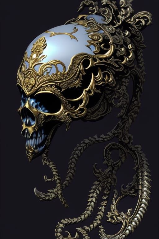 Neo-Baroque Porcelain Alien Skull with Gold Filigree