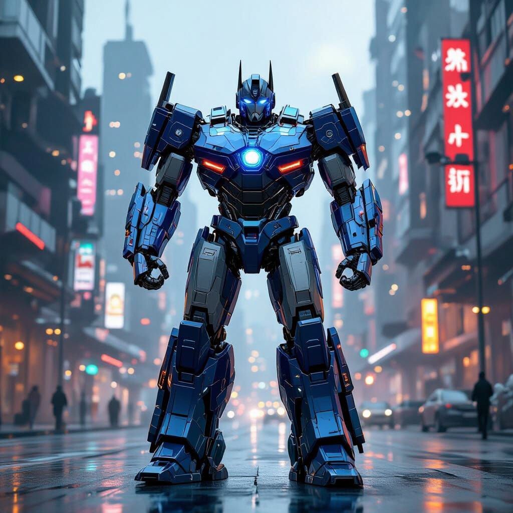 Man in Optimus Prime-Inspired Robot Suit in Futuristic Citys...