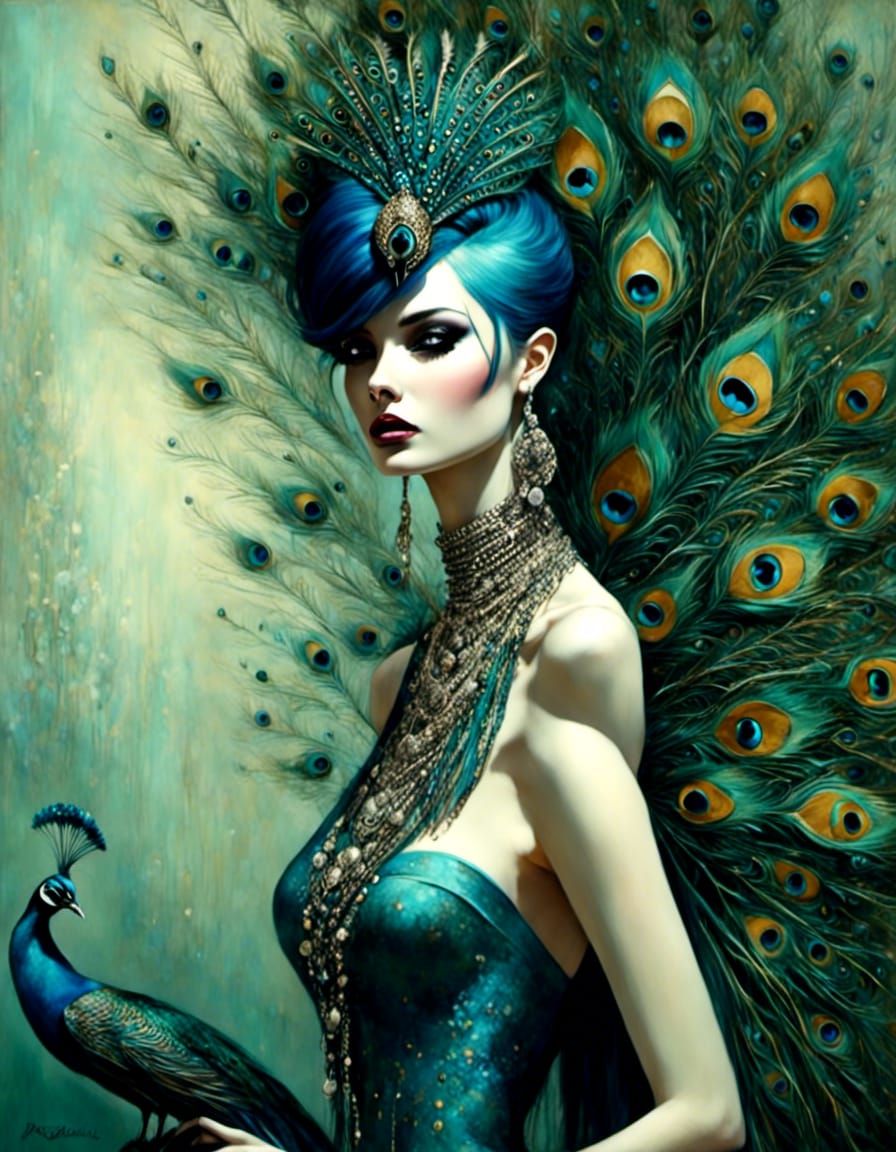 Goth Punk Peacock Girl in Fantasy Art Style