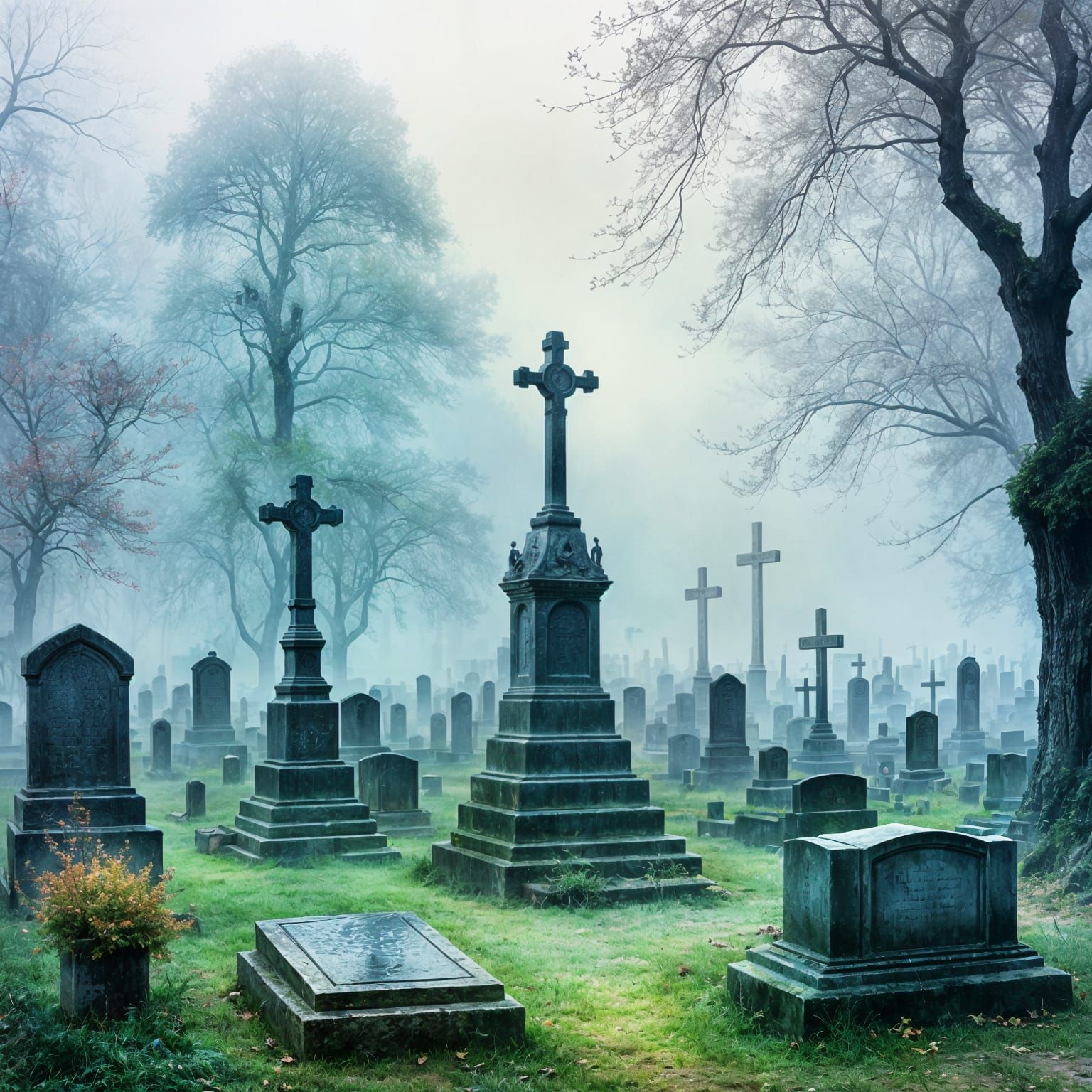 Misty Medieval Cemetery in Impressionist Style