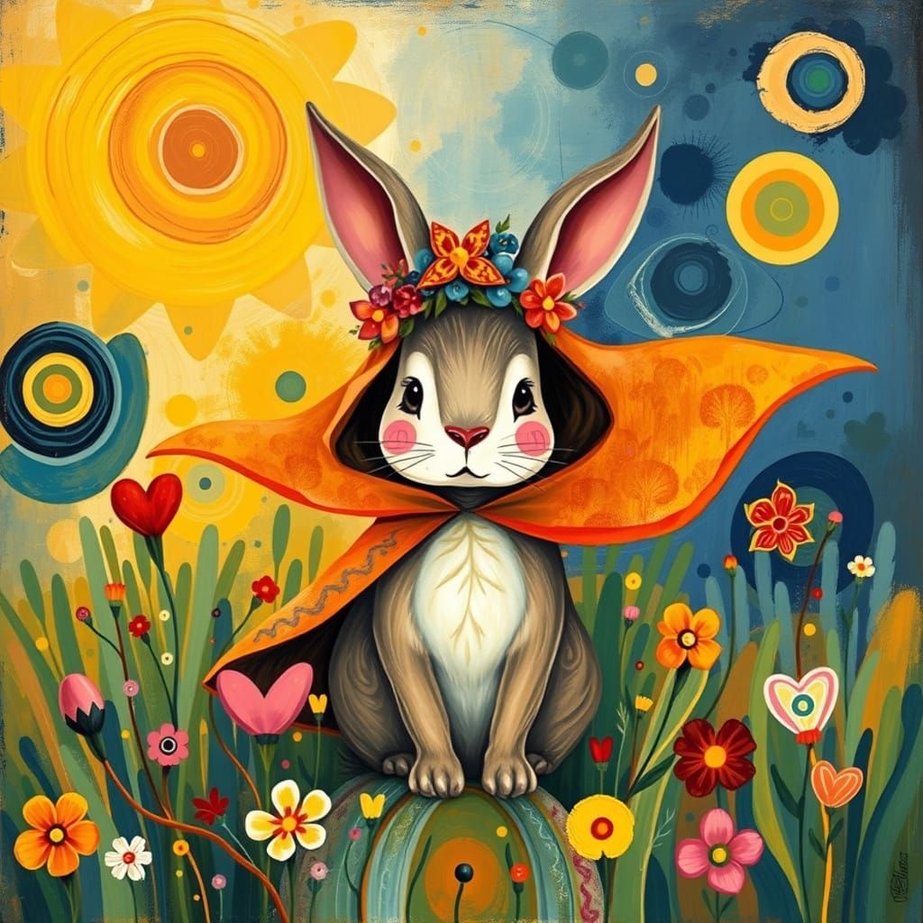 Whimsical Rabbit in Dreamlike Meadow: Surrealist Folk-Art