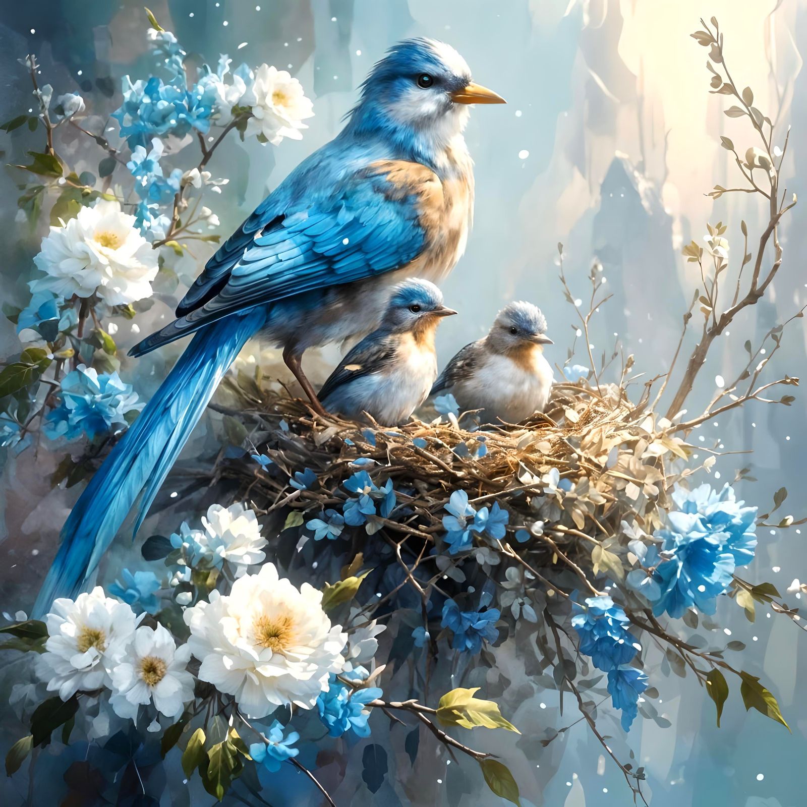 Bird with Crown Nesting in Snowy Floral Scene