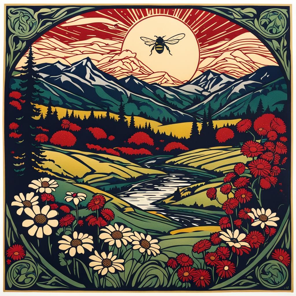 Vermont Landscape with Chickadee in Art Nouveau Style