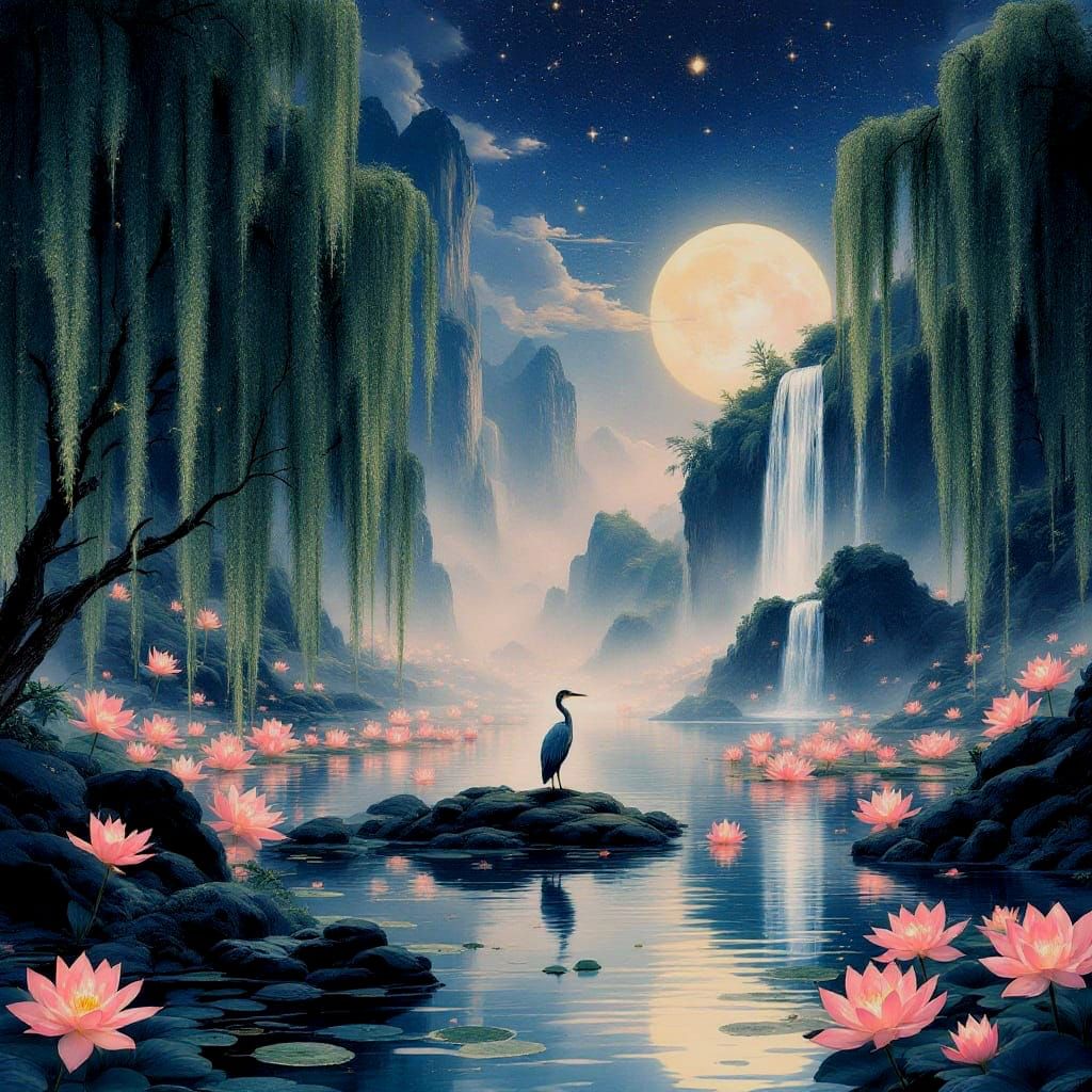 Mystical Heron Amidst Celestial Lotus Flowers