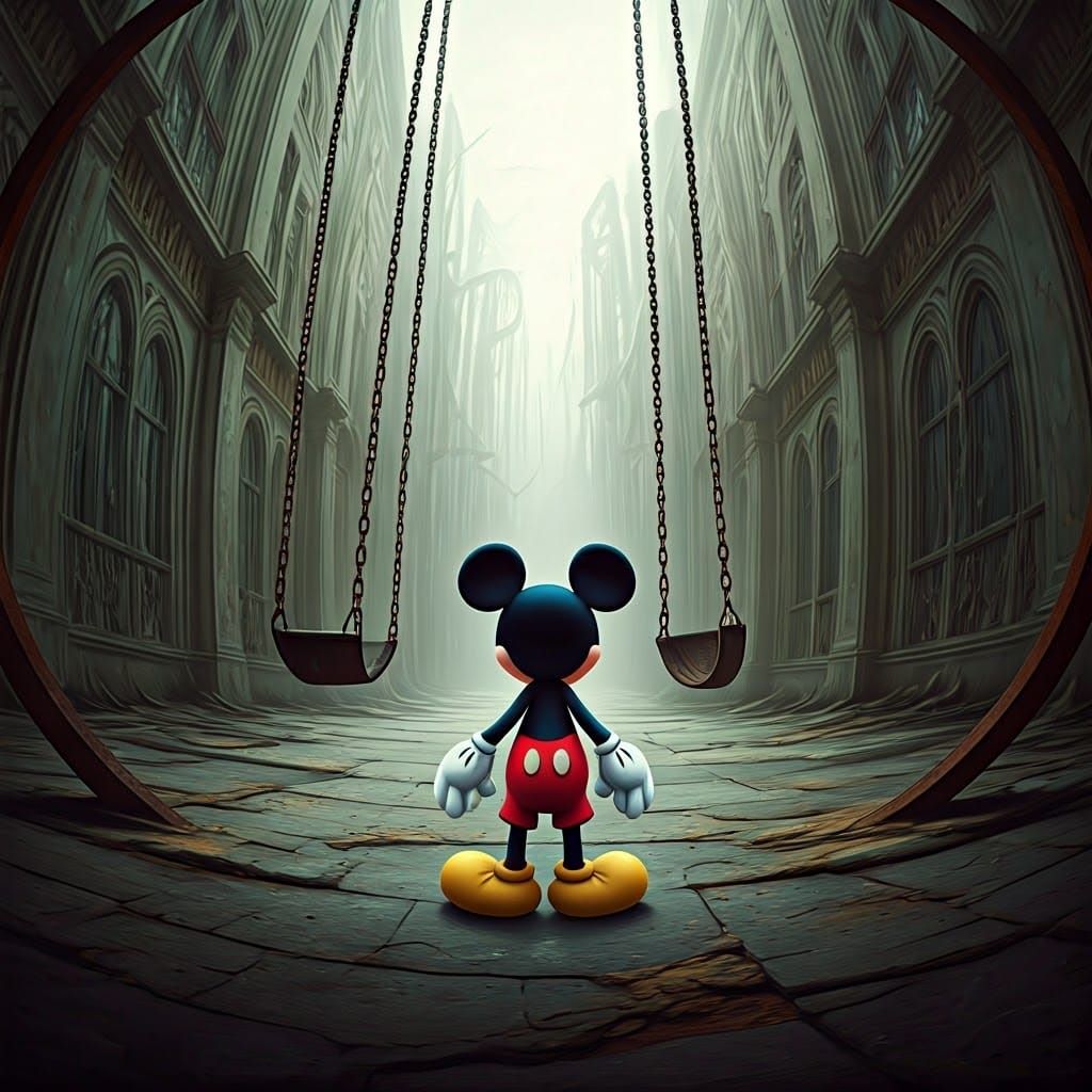 Mickey Mouse in Abandoned Park: Surrealist Digital Art