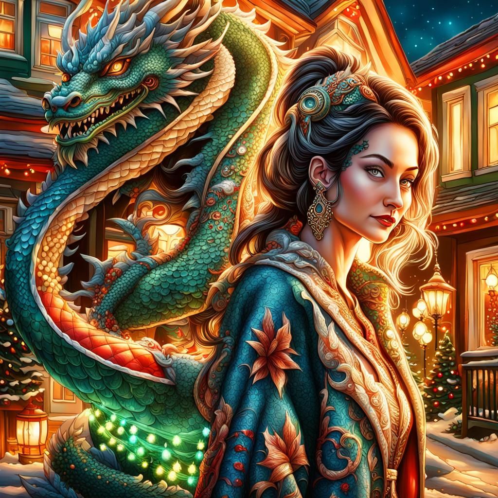 Woman and Dragon Walk in Christmas Wonderland