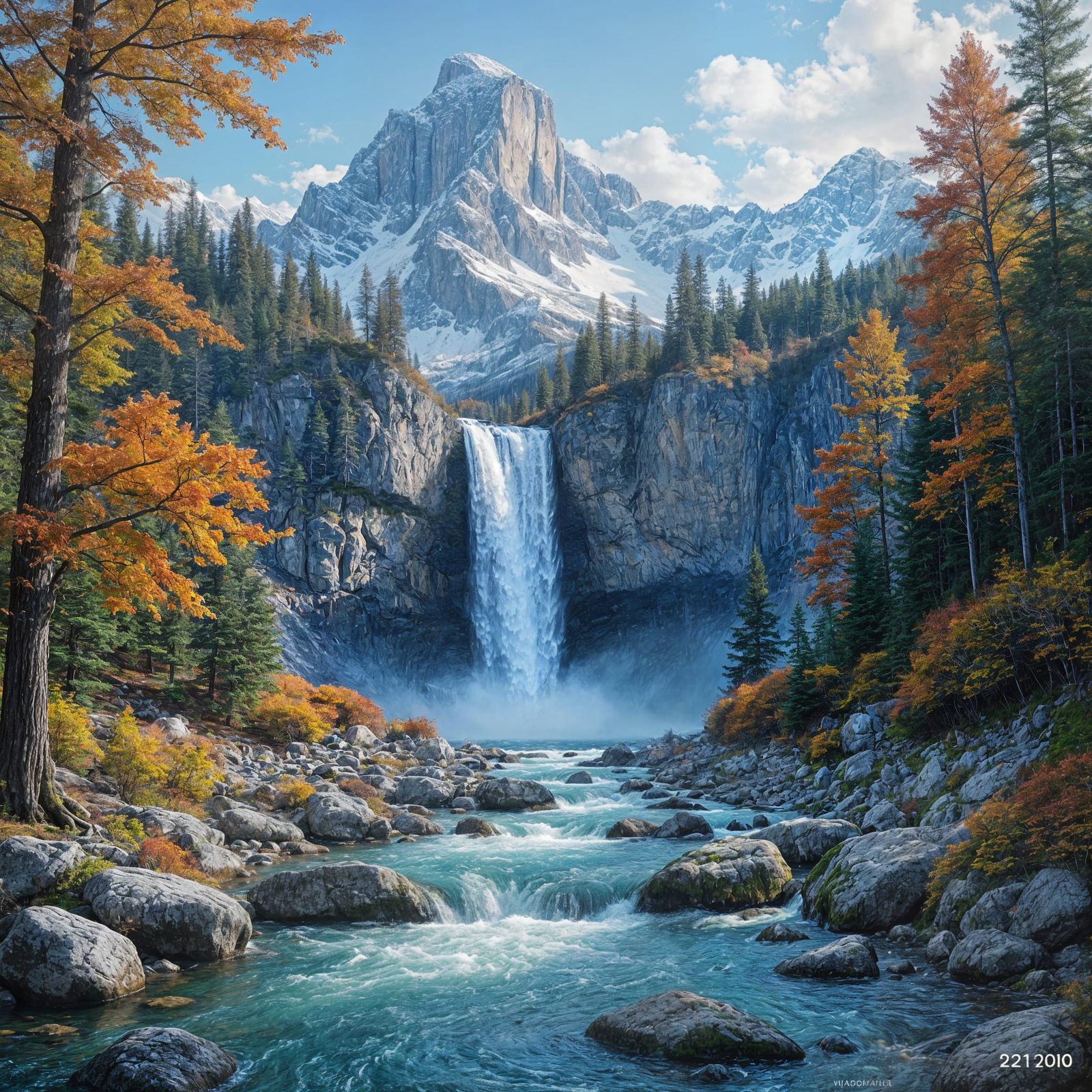 Alpine Waterfall Painting with Autumn and Winter Colors