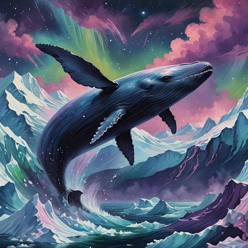 Fantasy Whale Gliding Through Aurora Sky