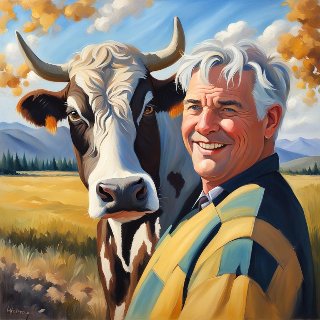 Happy Couple in Sunny Pasture as Oil Painting