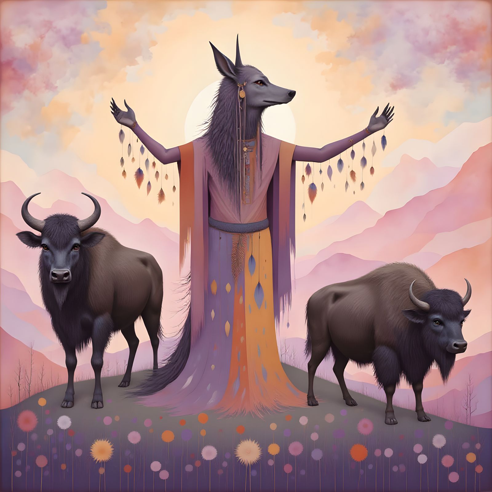 Wolf Shaman Amidst Buffalo, Folk Art Style