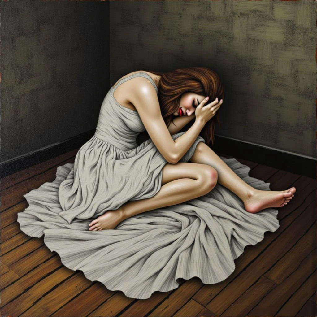 Full body portrait of a Woman who is curled into a fetal pos...