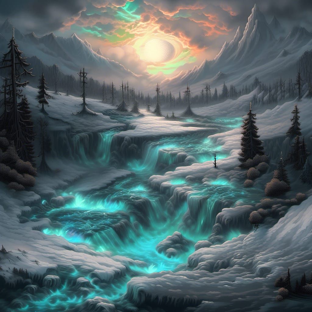 Bioluminescent River with Black Unicorns in Fantasy Art