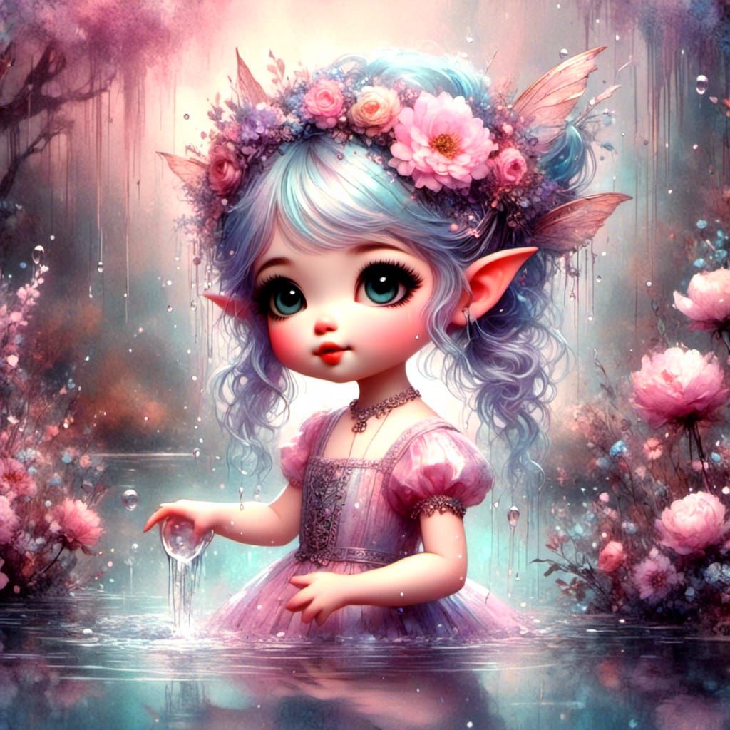 Chibi Waterdrop Dances on Lake: Hyperrealistic Illustration