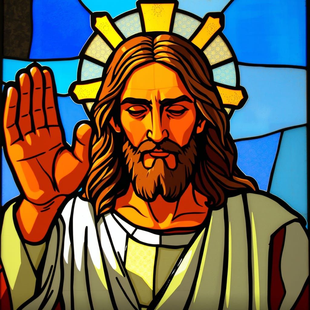 Stained Glass Jesus Contemplates His Own Image