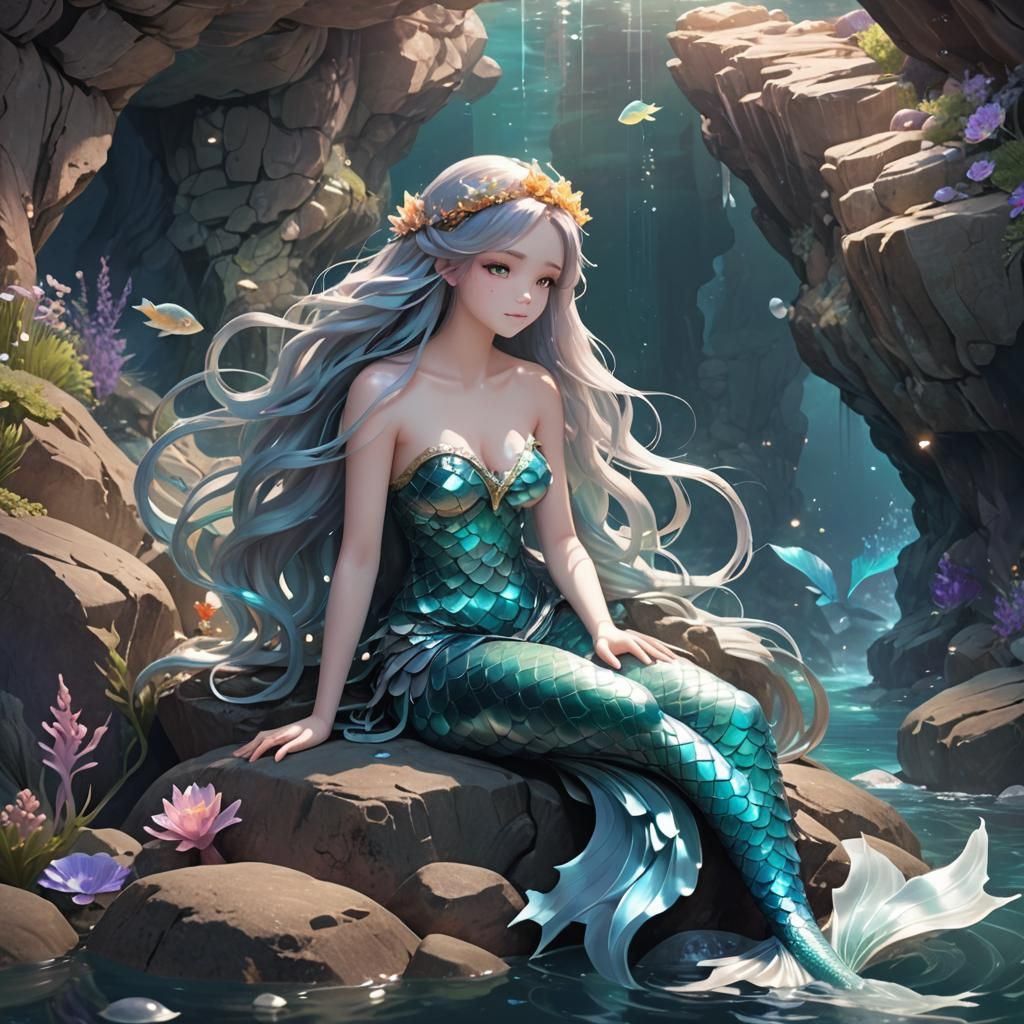 Mermaid in Ocean Cave: Surreal 3D Anime Art