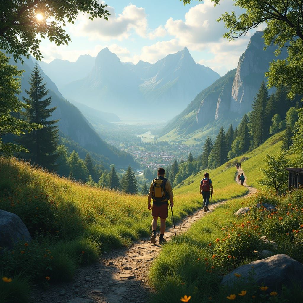 Serene Alpine Hiking Path in Whimsical Realism Style