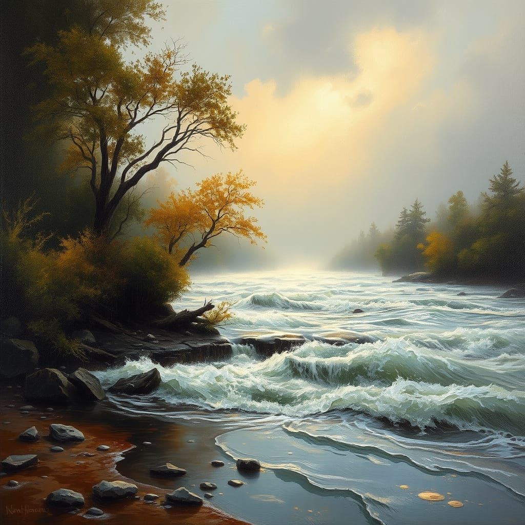 Dramatic Riverbank Landscape in Oil Painting Style