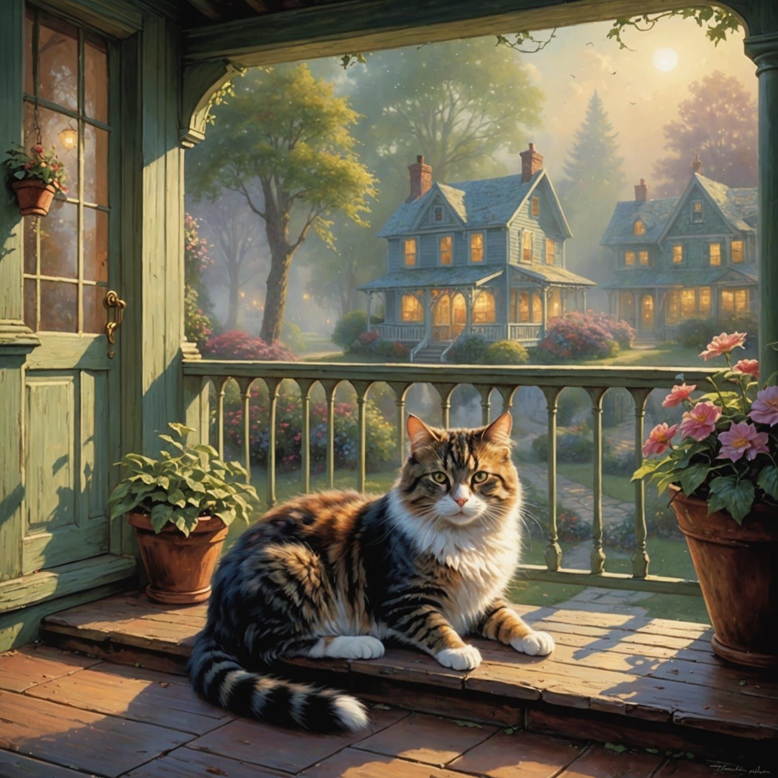 Cat Sunbathing on Porch in Ethereal Style