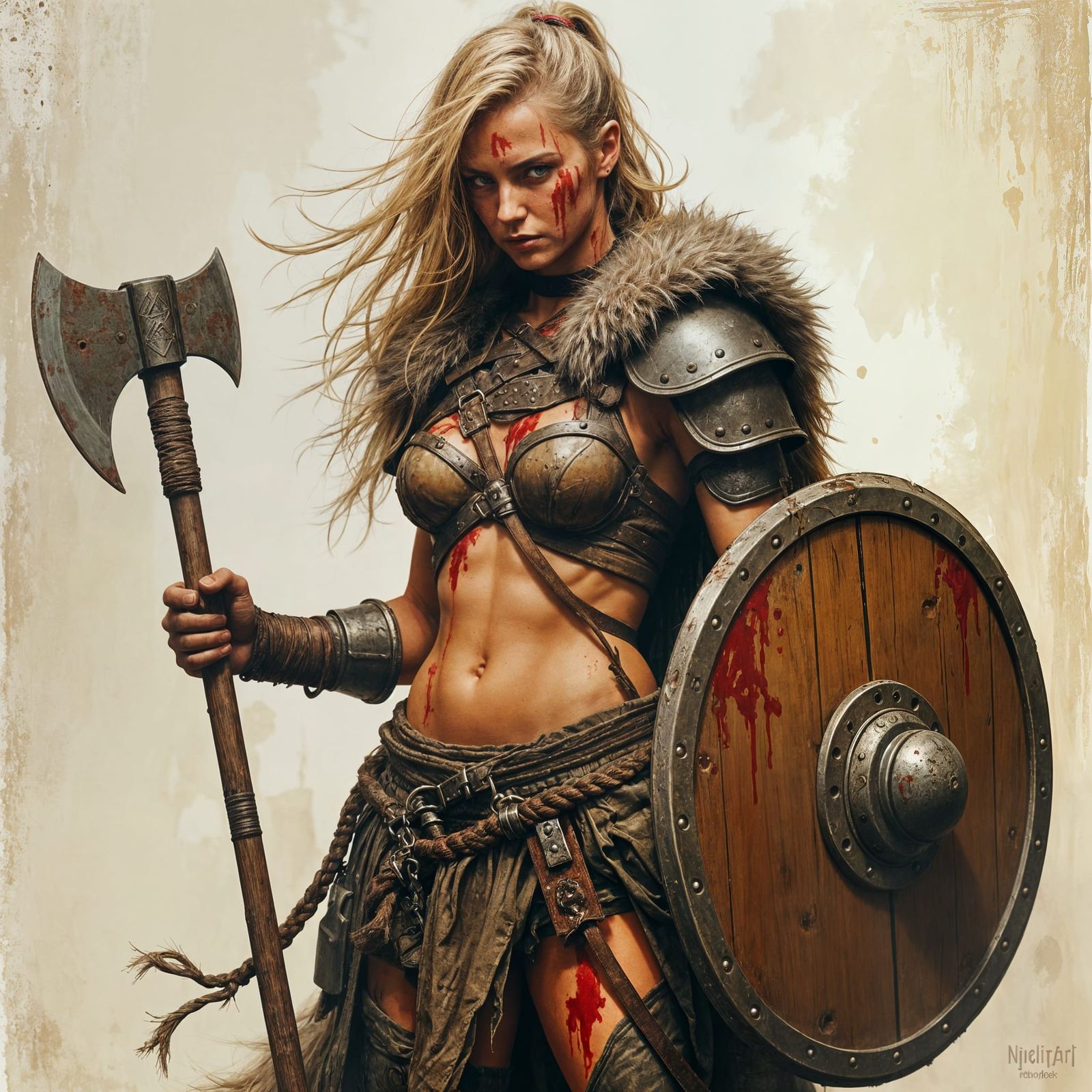 Viking Warrior Woman with Bloody Axe