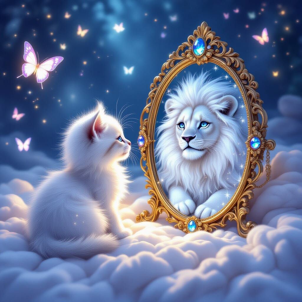 Kitten's Majestic Lion Reflection in Ethereal Light