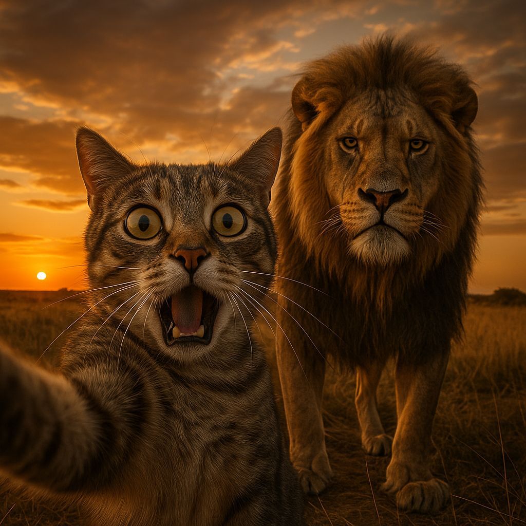 Humorous Cat Selfie with Lion on Savannah