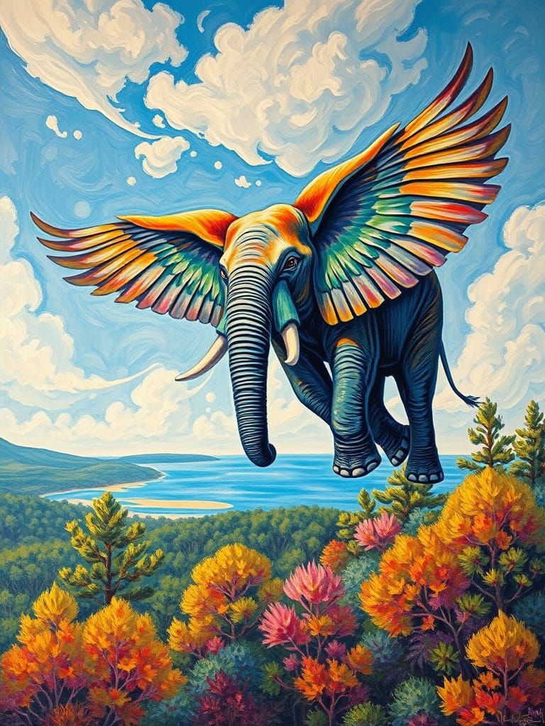 Surreal Elephant Soars Above a Serene Wonderland Landscape