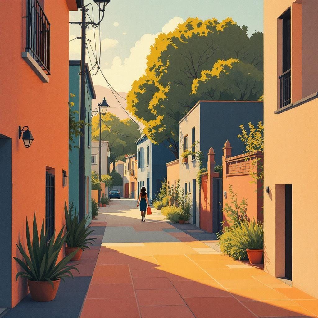 Person Walking in Geometric Color-Block Style