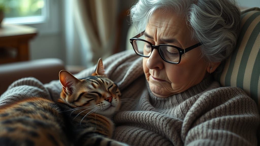 Elderly Woman and Cat in Rockwell Style