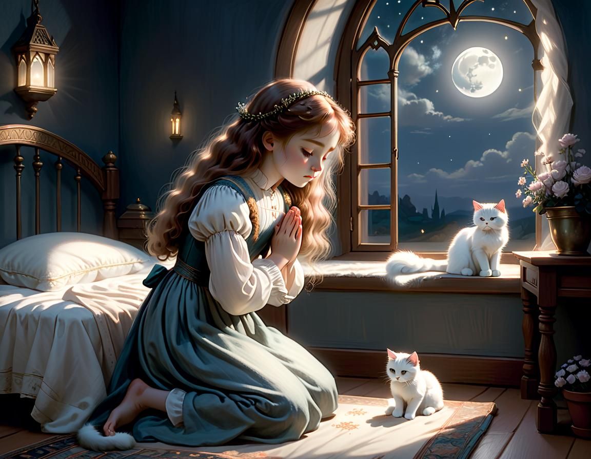 Girl Praying by Bed in Moonlight, Pre-Raphaelite Style