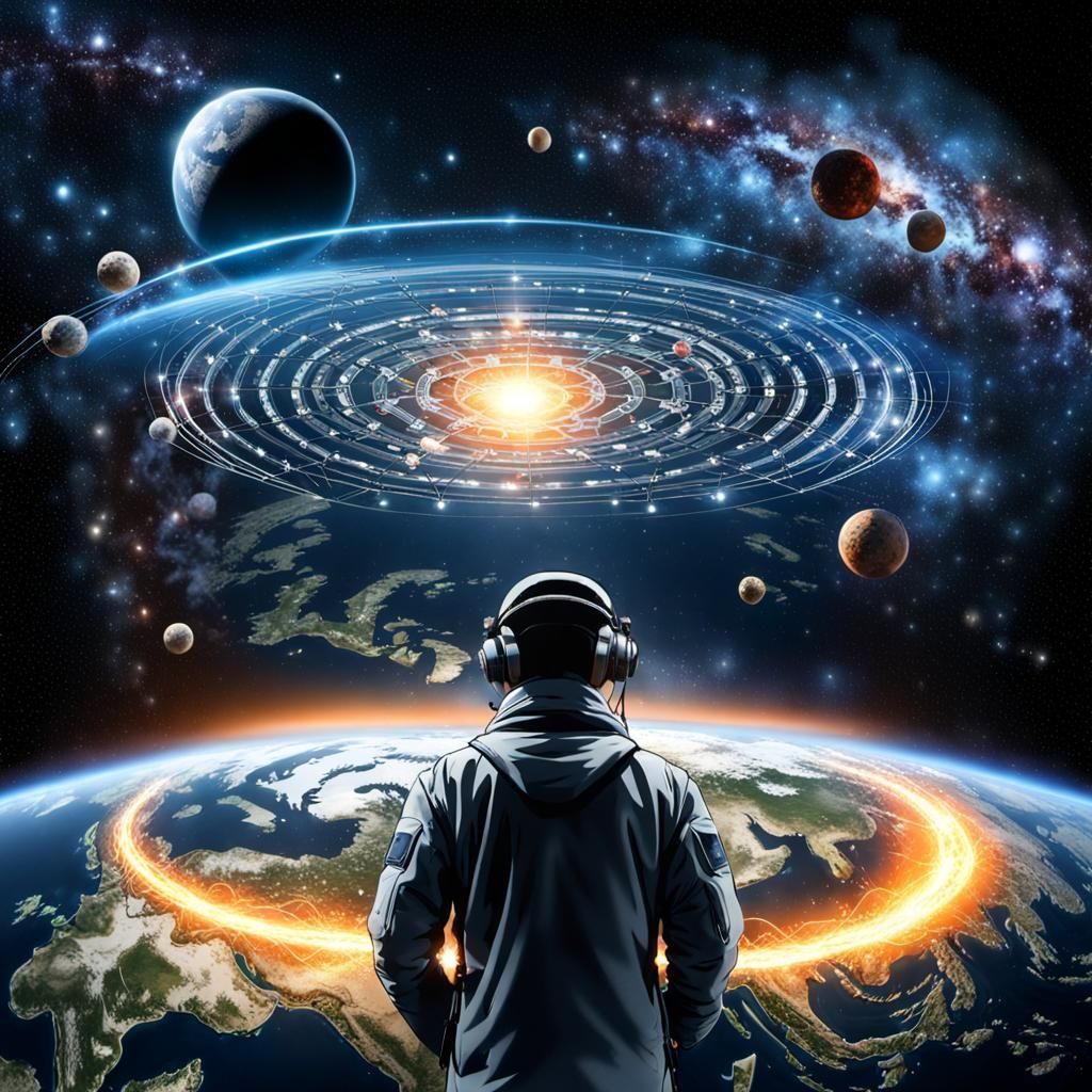 Warrior with Flaming Sword in Futuristic City