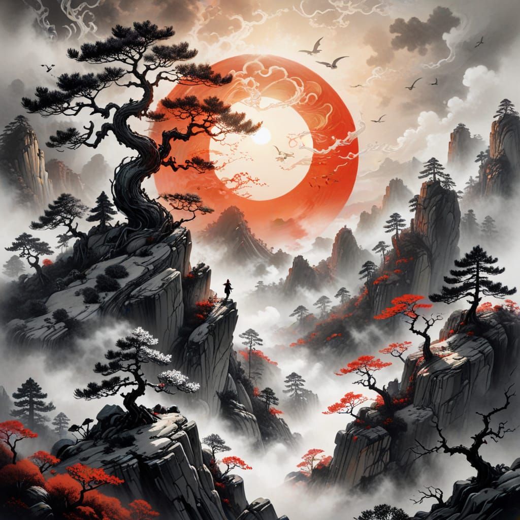 Magical Dragon Soaring Over Mountain Cliffs in Ink